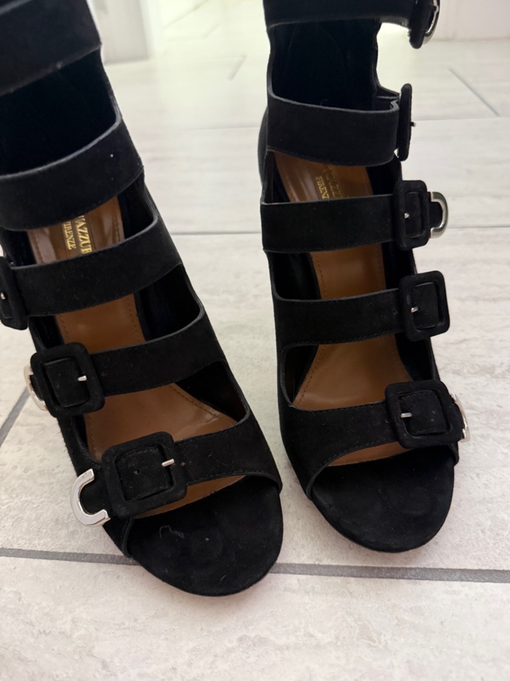 Aquazzura Multi-Buckle Suede Cage Heel | Black Sculptural Stiletto | size 39.5 - Picture 8 of 12